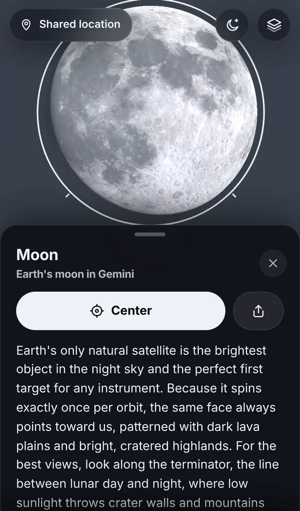 A close view of the Moon with its info card.
